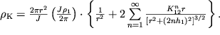 ${\rho }_{} = \frac{2\pi {r}^{2} }{J} \left ({ \frac{J{\rho }_{1} }{2\pi } }\right ) \cdot \left \{ { \frac{1}{{r}^{2} } + 2\sum\limits_{n=1}^{\infty }\frac{K^n_{12} r}{\left [r^2 + (2nh_1)^2\right]^{3/2}}}\right\}.$