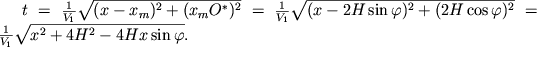 $t = \frac{1}{{V}_{1} }\sqrt{(x - {x}_{m})^{2} + ({x}_{m} {O}^{*})^{2} } = \frac{1}{{V}_{1} }\sqrt{(x - 2H\sin\varphi )^{2} + (2H\cos\varphi )^{2}} = \frac{1}{V_{1} }\sqrt{{x}^{2} +4{H}^{2} -4Hx\sin\varphi}.$