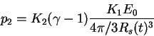\begin{displaymath}
p_2=K_2 (\gamma-1) \frac{K_1E_0}{4\pi/3 R_s(t)^3}
\end{displaymath}