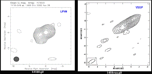 Карта источника     
1418+546, построенная по результатам LFVN-эксперимента ИНТАС00.3 на длине     
волны 18 см с участием 4-х иностранных и 2-х российских радителескопов, в     
сравнении с картой из наблюдений наземно-космического радионтерферометра     
VSOP на длине волны 5 см. Структура источника и направления выброса очень     
похожи.