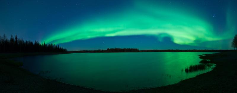 Северное сияние, звезды, метеор, озеро, Аляска