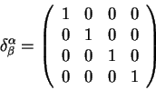 \begin{displaymath}
\delta^{\alpha}_{\beta}=
\left(
\begin{array}{cccc}
1& 0& 0&...
...& 1& 0& 0 \\
0& 0& 1& 0 \\
0& 0& 0& 1 \\
\end{array}\right)
\end{displaymath}