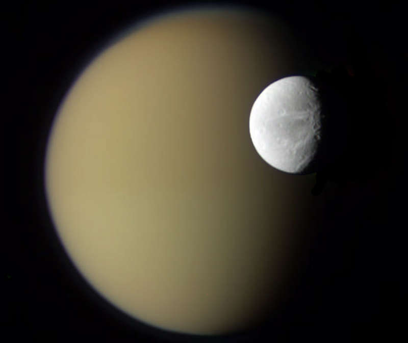 Saturns Moons Dione and Titan from Cassini