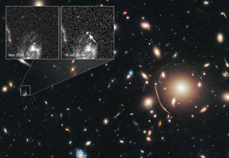 Galaxy Cluster Magnifies Distant Supernova