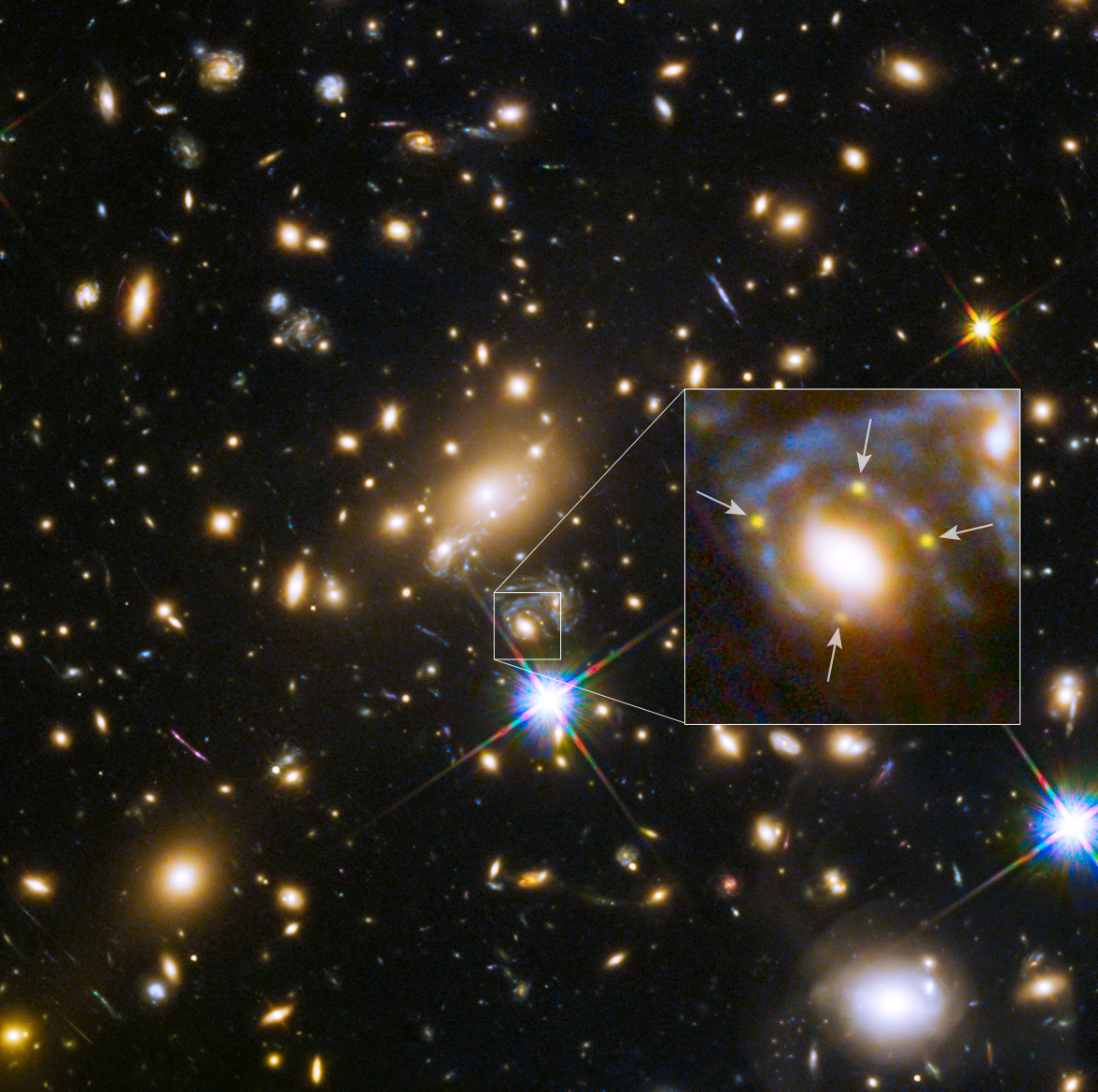 Galaxy and Cluster Create Four Images of Distant Supernova