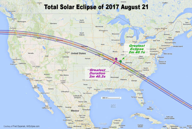 Map of Total Solar Eclipse Path in 2017 August