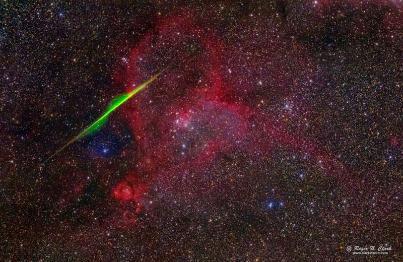 Spiral Meteor through the Heart Nebula