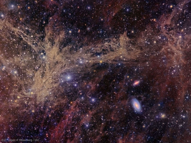 Gruppa galaktik M81 skvoz' tumannost' na vysokoi galakticheskoi shirote