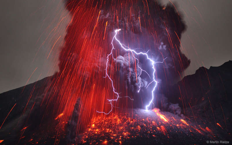 Sakurajima Volcano with Lightning