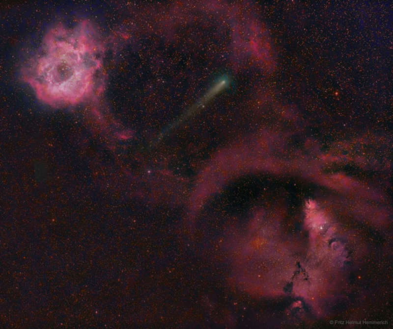 Comet 12P Between Rosette and Cone Nebulas