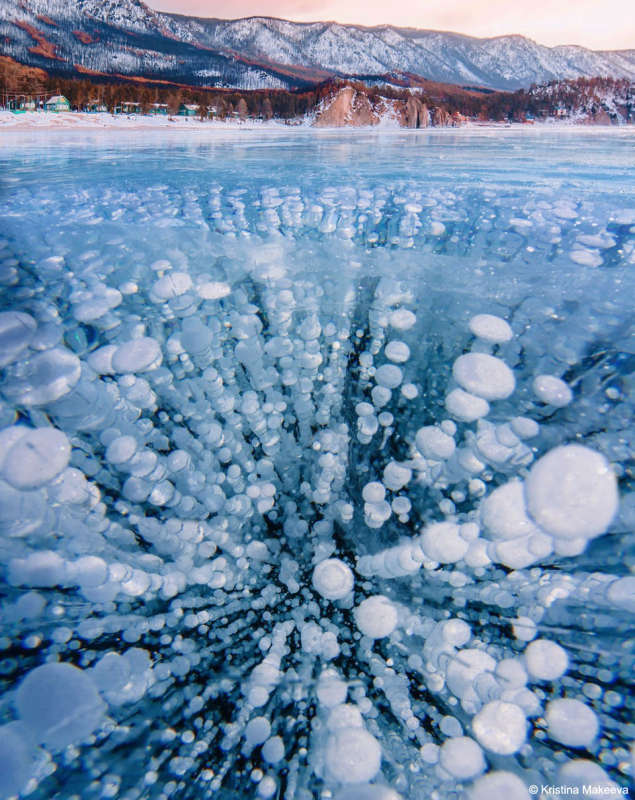 Methane Bubbles Frozen in Lake Baikal