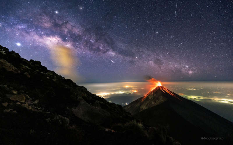 A Volcano of Fire under a Milky Way of Stars