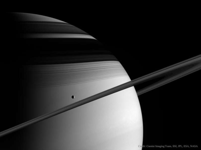Saturn, Tethys, Rings, and Shadows
