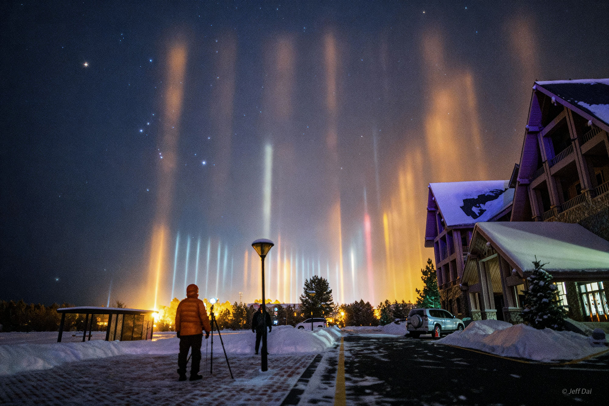 APOD: 2026 March 23 Б Light Pillars and Orion over Mohe