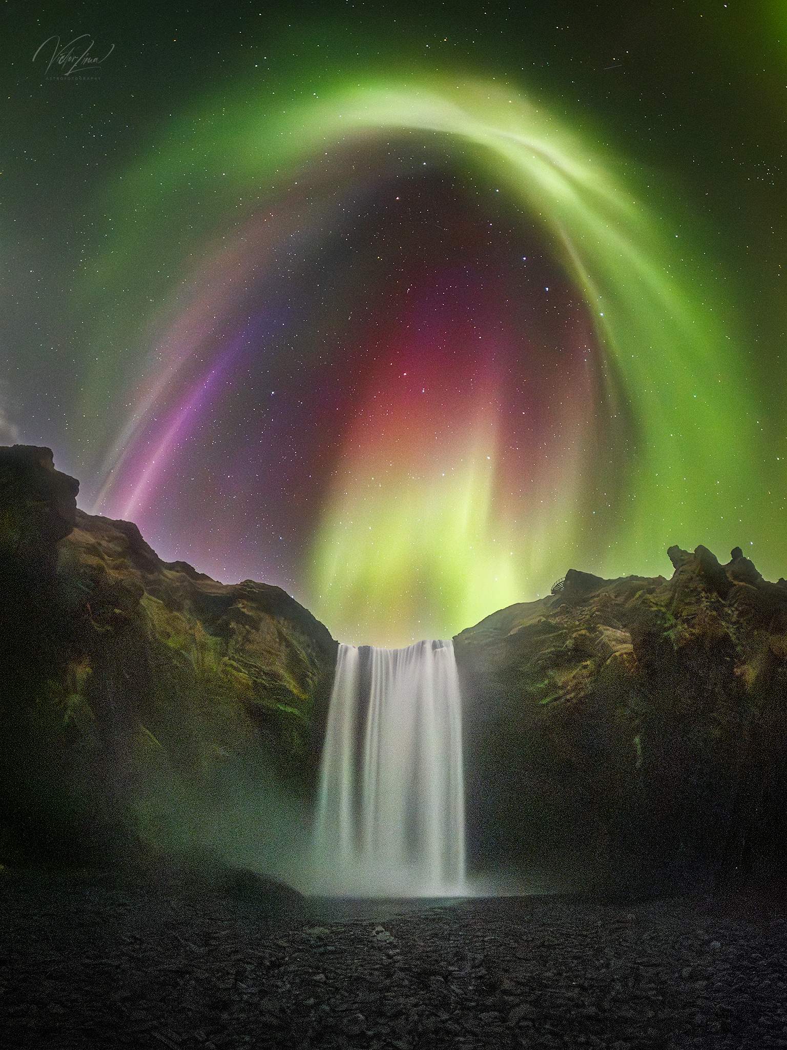 Colorful Aurora over Icenlandic Waterfall