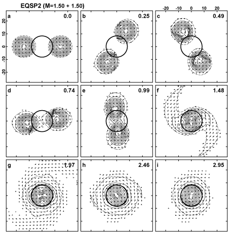 Рис. 1 Гидродинамический расчет
    слияния нейтронных звезд: (из работы К.Охара и
    Т.Накамура (K.Oohara, T. Nakamura) (Япония))