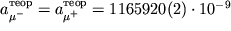 $a_{\mu^-}^{teor}=a_{\mu^+}^{teor}=1165920(2)\cdot10^{-9}$