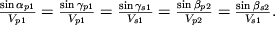 $\frac{\sin \alpha_{p1} }{{V}_{p1} } = \frac{\sin \gamma_{p1} }{V_{p1}} = \frac{\sin \gamma_{s1} }{{V}_{s1} } = \frac{\sin \beta_{p2} }{{V}_{p2} } = \frac{\sin\beta_{s2}}{V_{s1}}.$