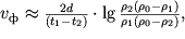 $v_{} \approx \frac{2d}{(t_{1} -t_{2} )} \cdot \lg \frac{\rho_{2} (\rho_{0} -\rho_{1} )}{\rho_{1} (\rho_{0} -\rho_{2} )},$