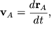 $ {\displaystyle \bf v}_{A} = {\displaystyle \frac{\displaystyle {\displaystyle d{\displaystyle \bf r}_{A} }}{\displaystyle {\displaystyle dt}}}, $
