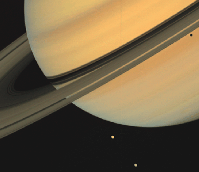 Saturn i ego dva sputnika Tefiya i Diona