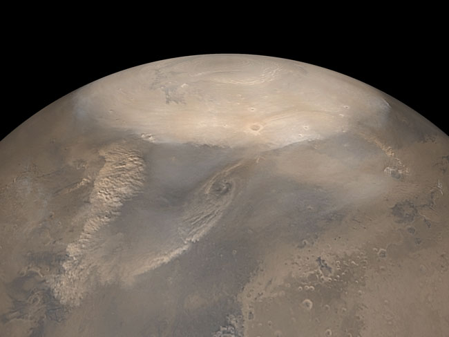 Весенние пылевые бури на северном полюсе Марса