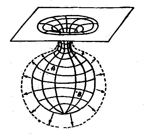 Razduvayushayasya  
poverhnost' rezinovogo globusa - dvumernaya model' iskrivlennogo trehmernogo prostranstva.   
V raione 