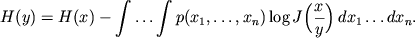 $$H(y)=H(x)-\int\dots\int p(x_1,\dots,x_n)\log J\Bigl(\frac x y\Bigr)\,	dx_1\dots dx_n.$$