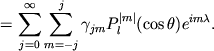 $\displaystyle =\sum_{j=0}^{\infty}\sum_{m=-j}^j \gamma_{jm}P^{\vert m\vert}_l(\cos\theta)e^{im\lambda}.$