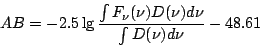 \begin{displaymath}
AB=-2.5 \lg{\frac{\int F_{\nu}(\nu)D(\nu)d\nu}{\int D(\nu)d\nu}}-48.61
\end{displaymath}