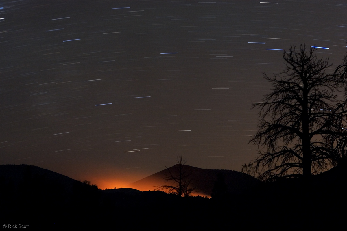 Fire Glow and Star Trails at Sunset Crater