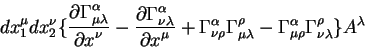 \begin{displaymath}
d x^{\mu}_1 d x^{\nu}_2 \lbrace {\displaystyle\partial \Gamm...
...ha}_{\mu \rho} \Gamma^{\rho}_{\nu
\lambda}\rbrace A^{\lambda}
\end{displaymath}