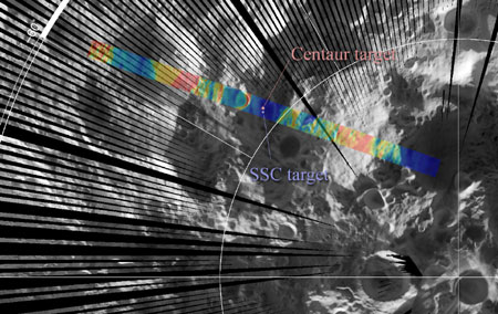 Места   
падения составных частей миссии LCROSS в районе кратера Кабеус.   
Изображение NASA/GSFC/UCLA