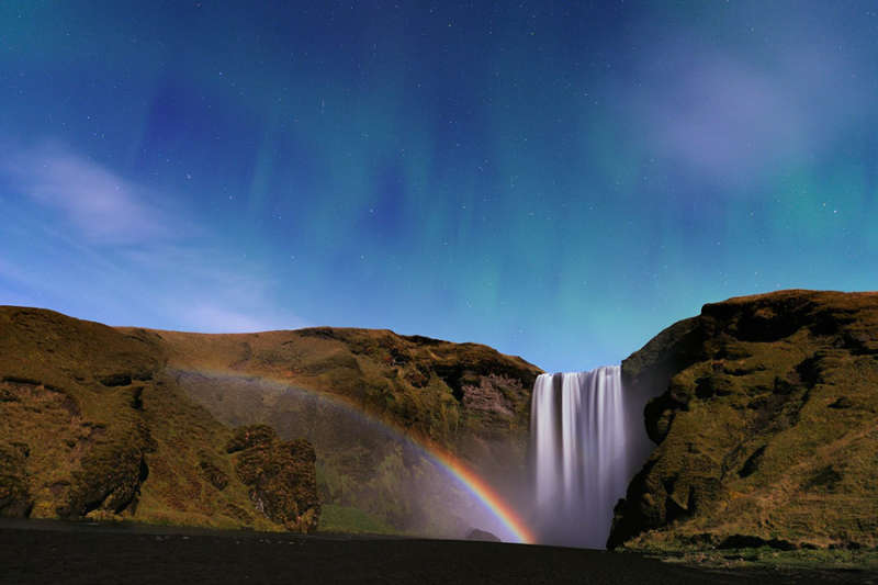 Waterfall, Moonbow, and Aurora from Iceland