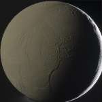 Энцелад, подсвеченный Сатурном