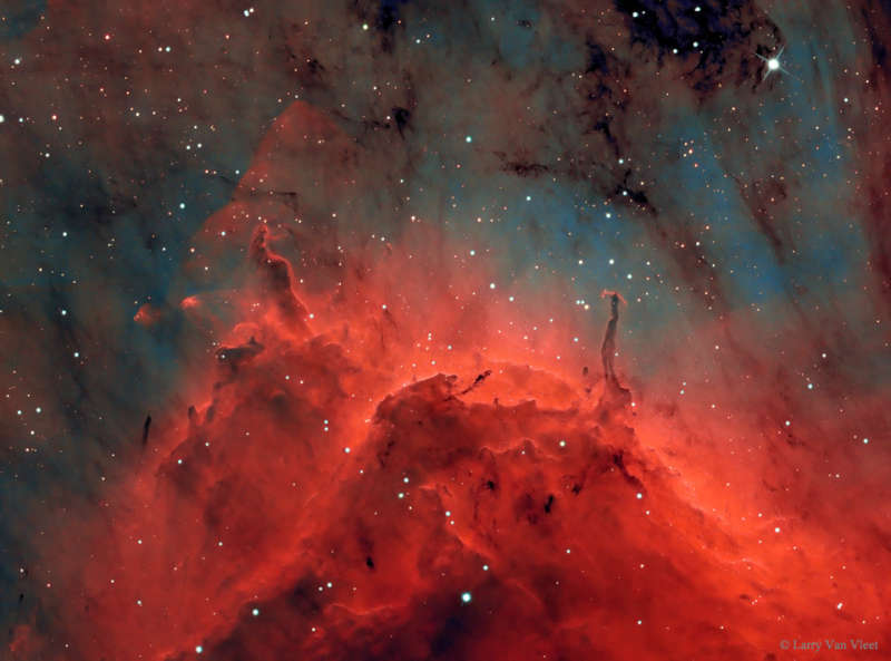 Pillars and Jets in the Pelican Nebula