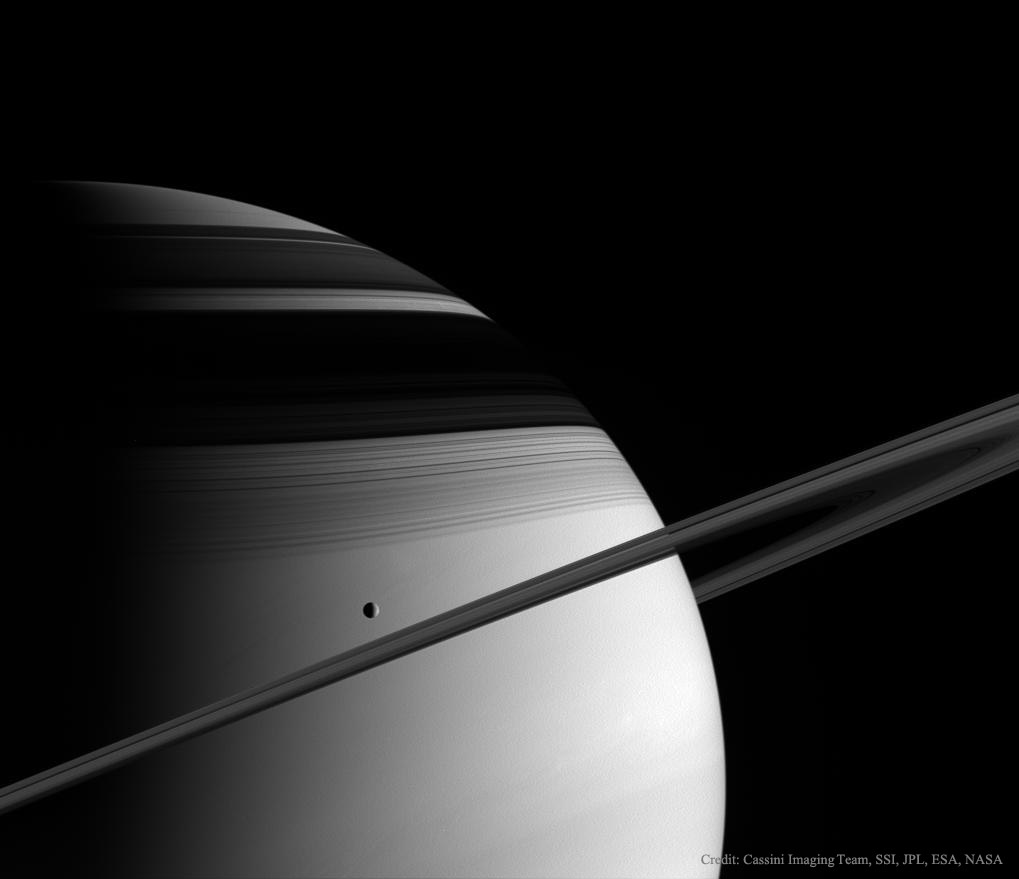 Saturn, Tethys, Rings, and Shadows