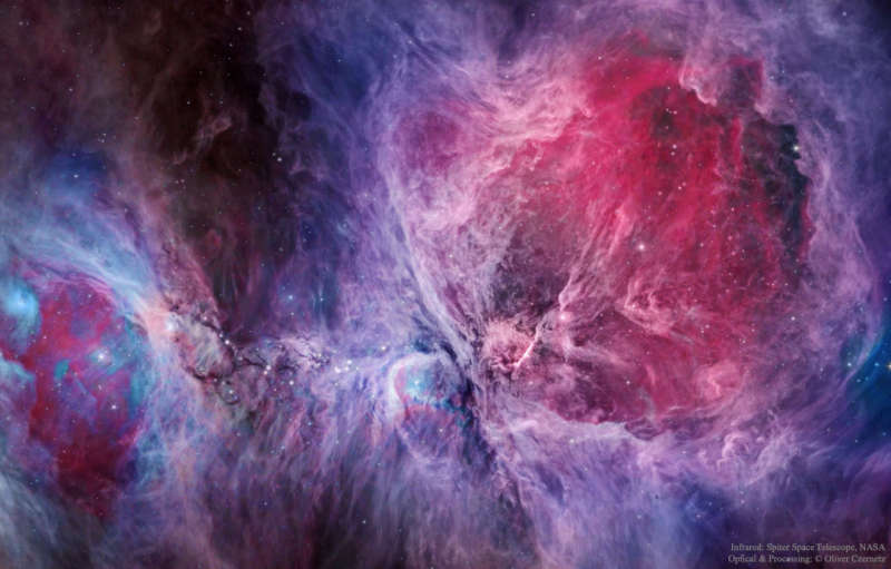 Туманность Ориона в видимом и инфракрасном свете