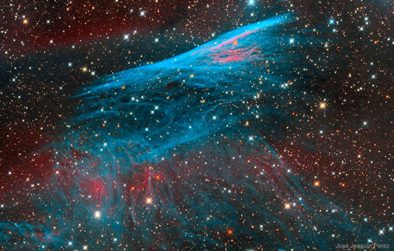 The Pencil Nebula in Red and Blue