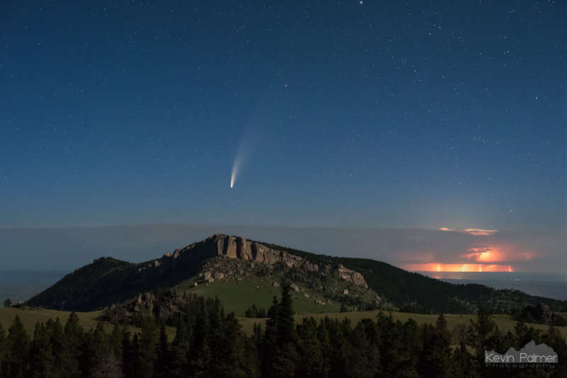 APOD: 2020 July 27  Comet and Lightning Beyond Bighorn Mountains