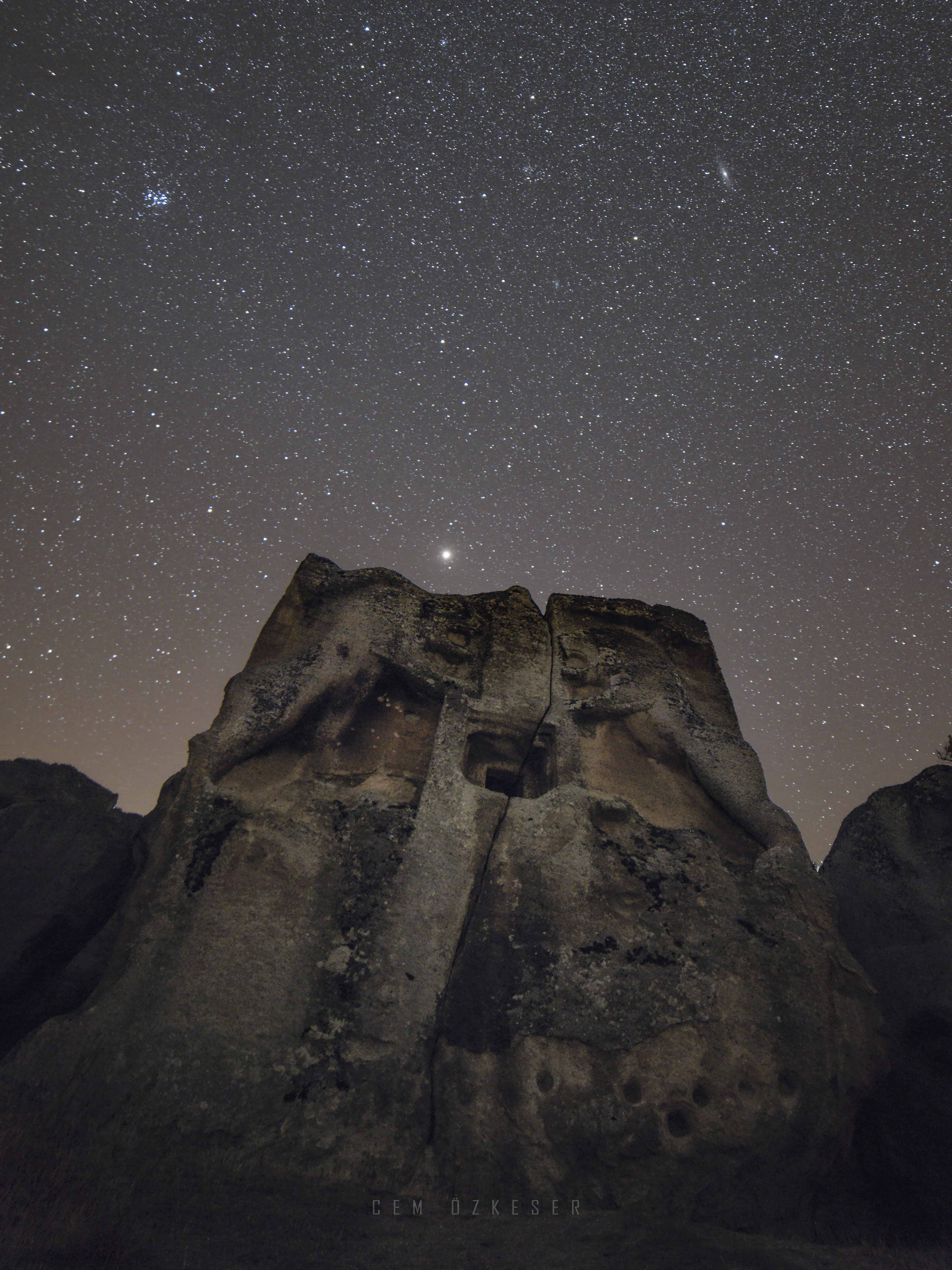 Mars, Pleiades, and Andromeda over Stone Lions