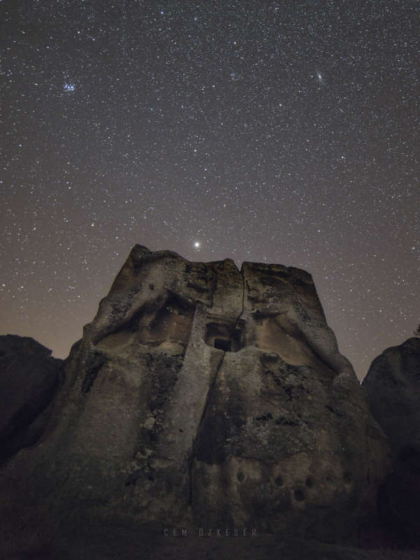 Mars, Pleiades, and Andromeda over Stone Lions