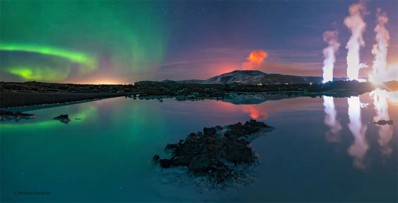 Тройное сияние ночного неба над Исландией