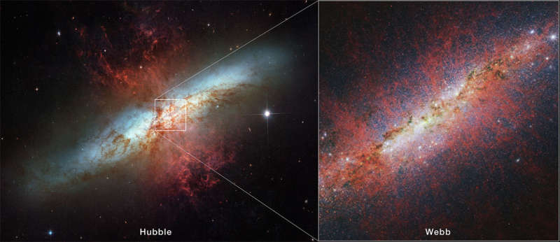 APOD: 2024 April 15  The Cigar Galaxy from Hubble and Webb