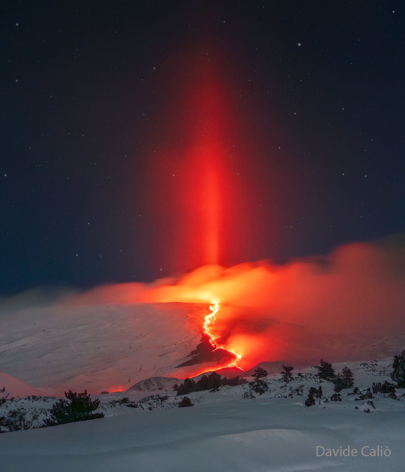 APOD: 2025 February 24 B Light Pillar over Erupting Etna