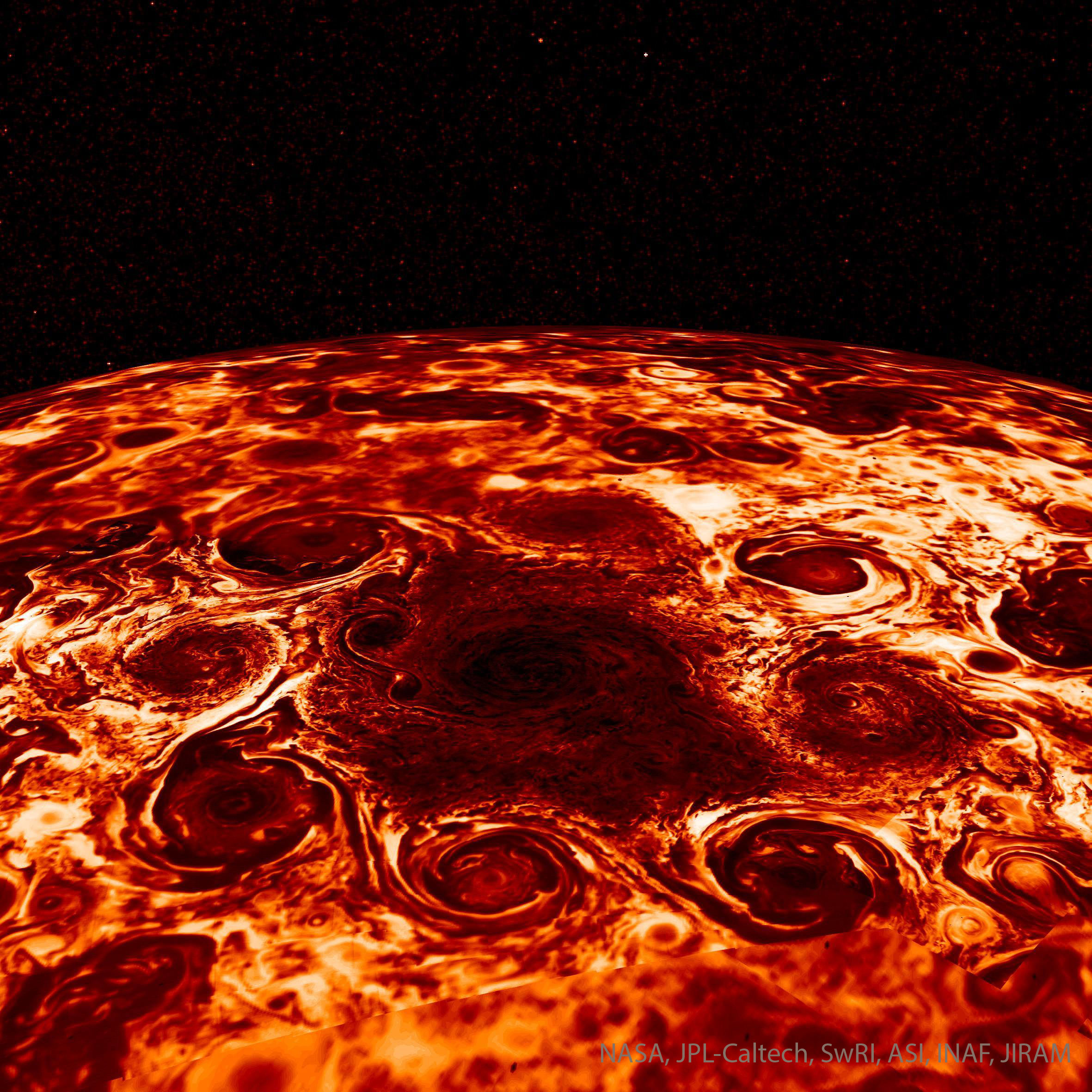 APOD: 2025 March 9 B Cyclones at Jupiters North Pole