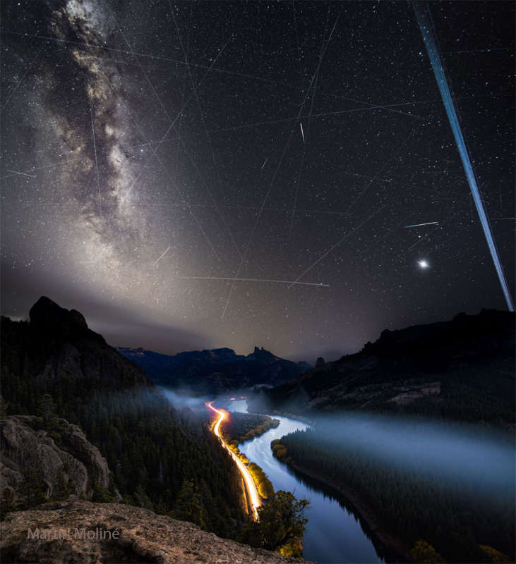 APOD: 2025 June 14 B Meteors and Satellite Trails over the Limay River